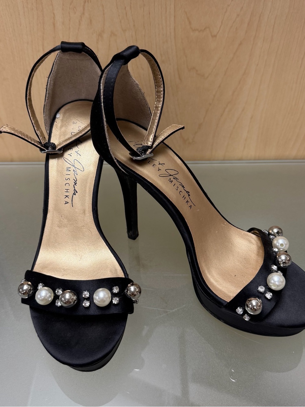 Badgley Mischka Black Satin Pearl & Crystal Embellished Heel Sandals